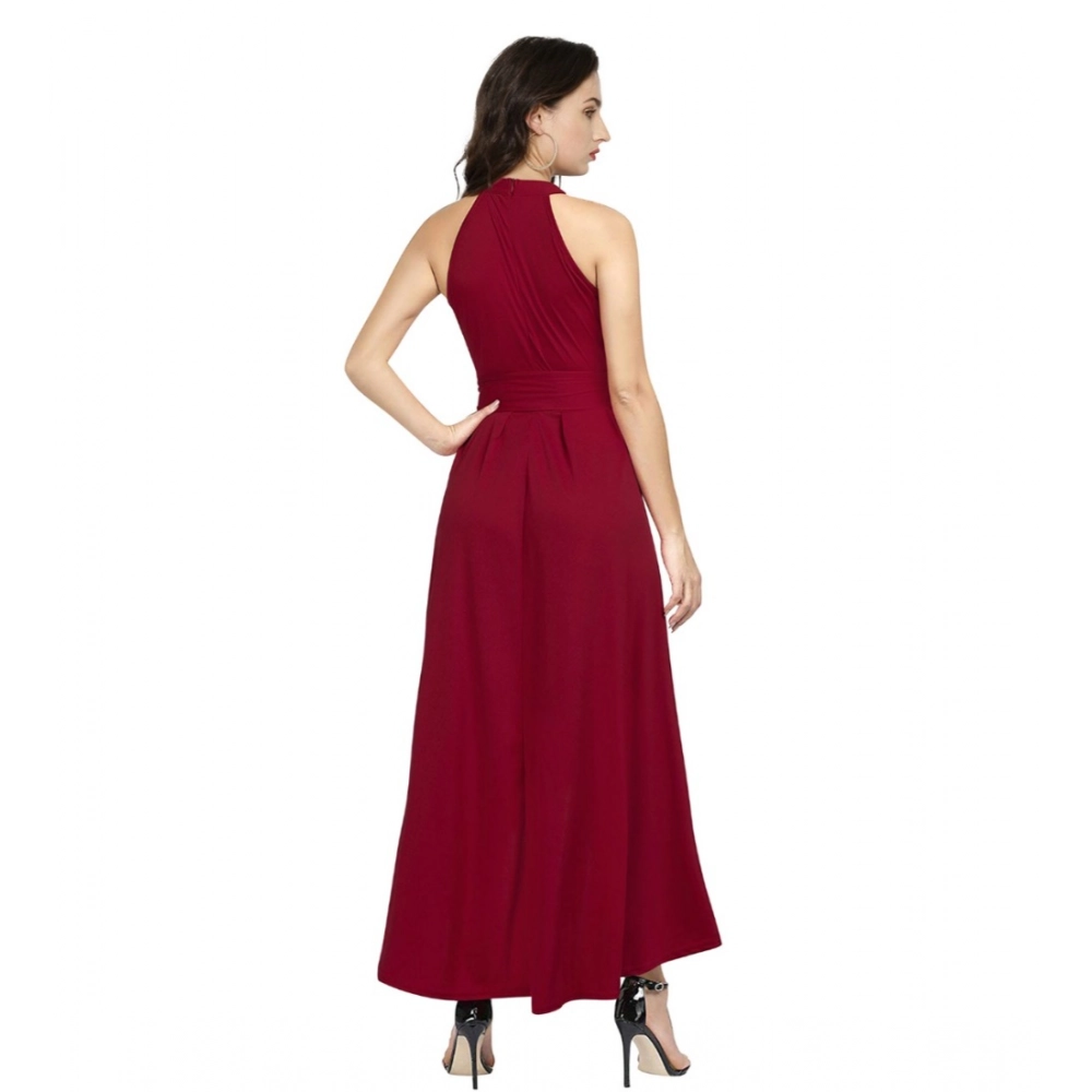 Women's Polyster Solid Halter Neck Sleeveless Dress (Maroon) - Image 2