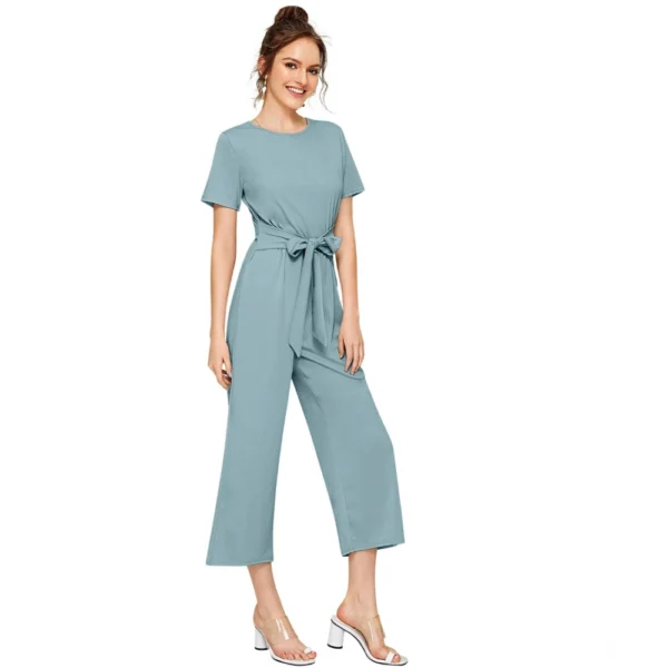 Women's Knitting stretchable Solid Round Neck Cap Sleeve Jumpsuit (Pista ) - Image 4