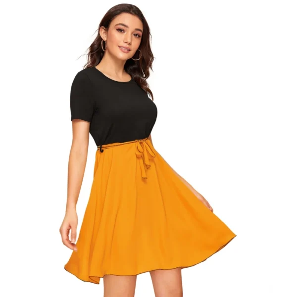 Generic Women's Knitting stretchable Solid Round Neck Cap Sleeve Dress (Yellow) - Image 4