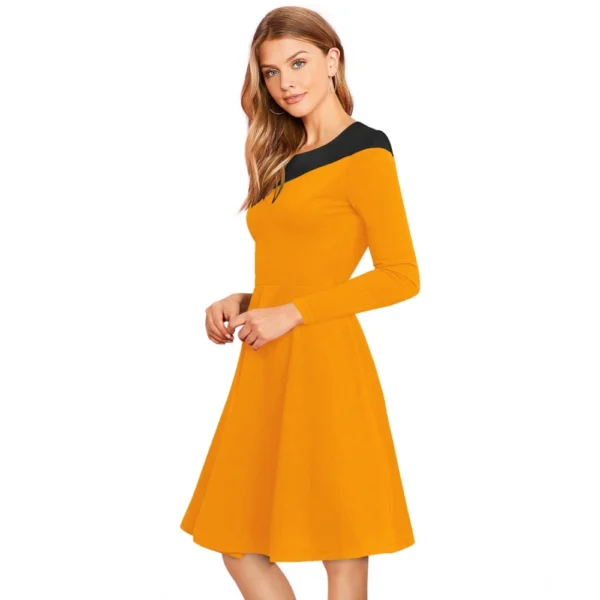 Generic Women's Knitting stretchable Solid Round Neck Full Sleeve Dress (Yellow) - Image 2