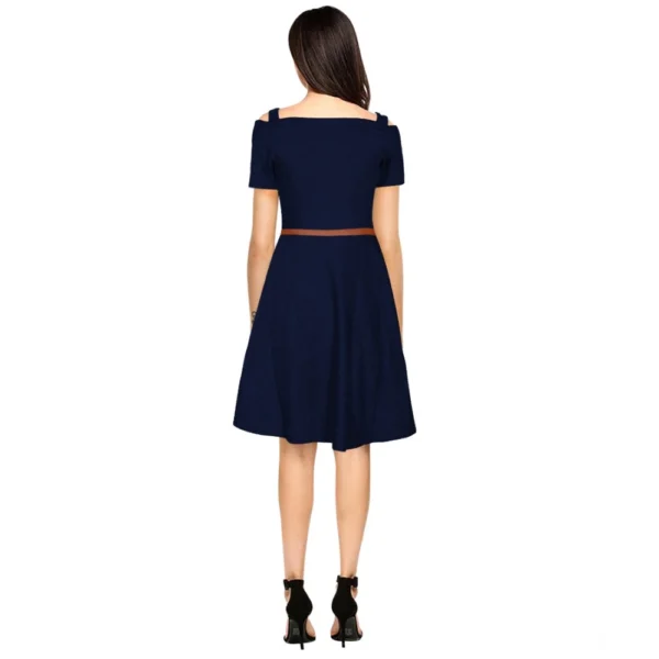 Generic Women's Polyester Solid V Neck Cap Sleeve Dress (Blue) - Image 5
