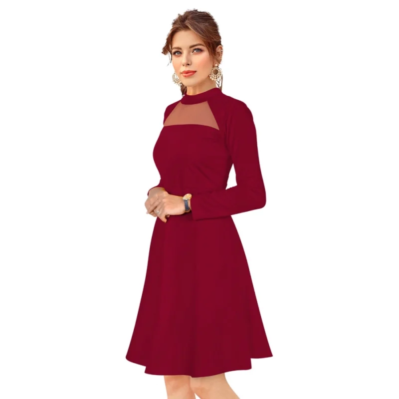 Alternative view of Women's Knitting stretchable Solid Round Neck Full Sleeve Dress (Maroon)