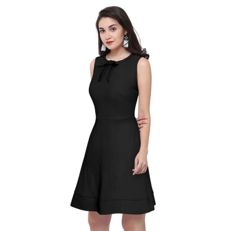 Alternative view of Women's Polyester Solid Round Neck Sleeveless Dress (Black)