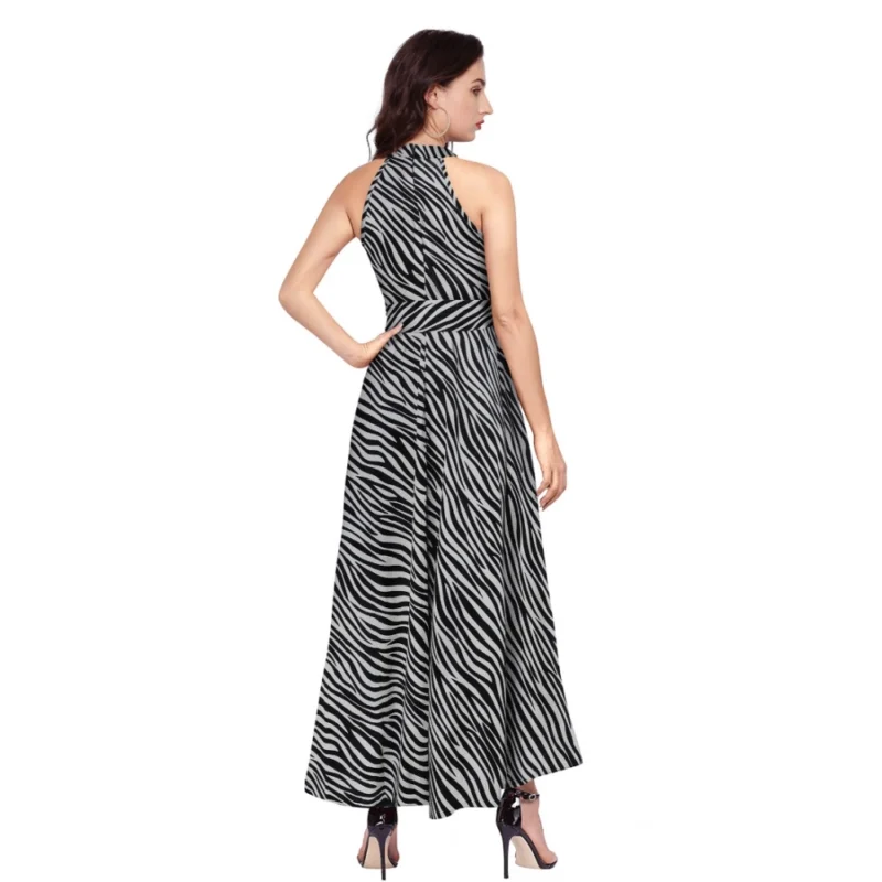 Alternative view of Women's Polyester Zebra Pattern Halter Neck Sleeveless Dress (Navy Blue)