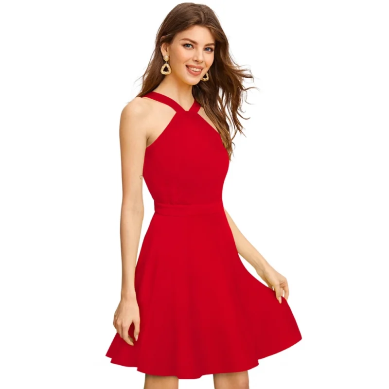 Alternative view of Women's Knitting stretchable Solid Halter Neck Sleeveless Dress (Red )
