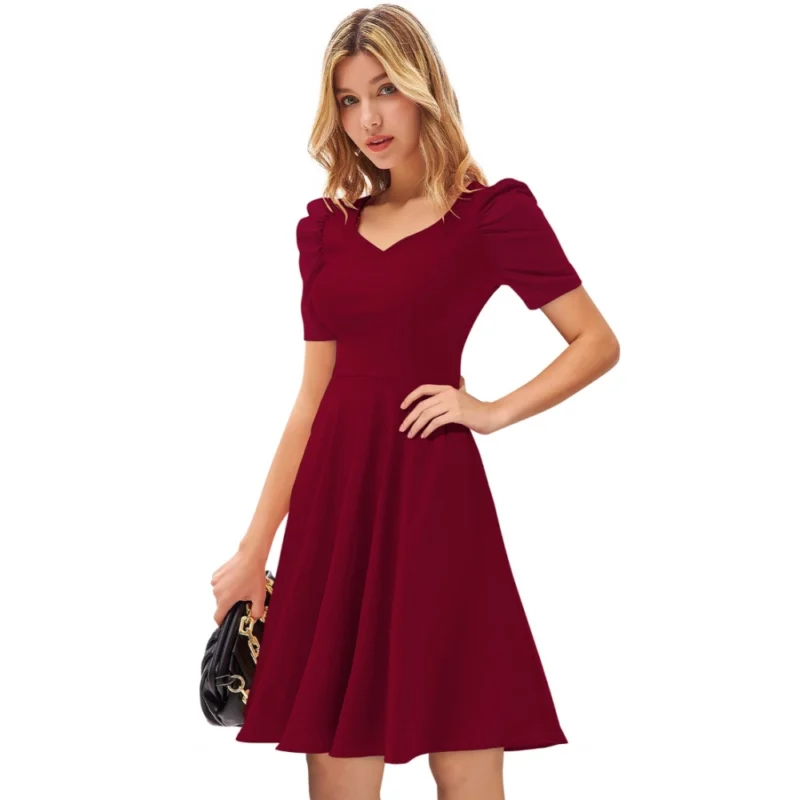 Alternative view of Women's Knitting stretchable Solid V Neck Cap Sleeve Dress (Maroon)