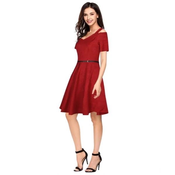 Generic Women's Polyester Solid V Neck Cap Sleeve Dress (Maroon) - Image 2
