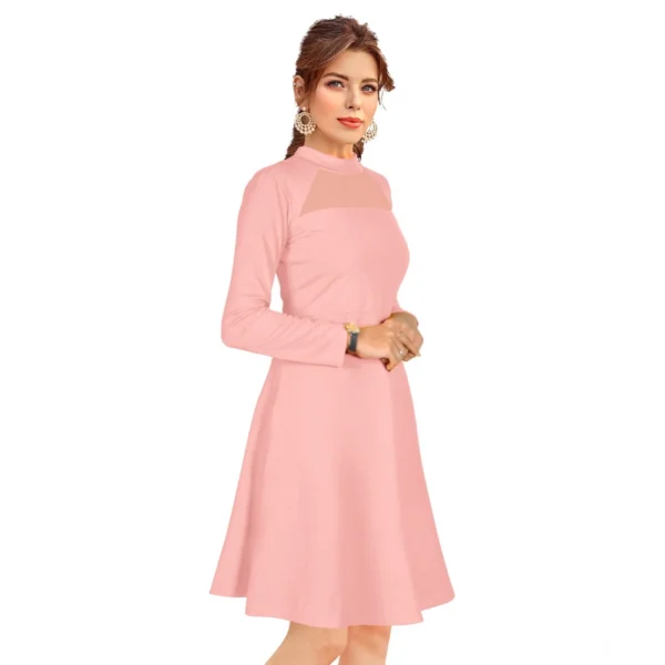 Generic Women's Knitting stretchable Solid Round Neck Full Sleeve Dress (Peach) - Image 4