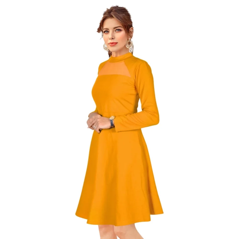 Alternative view of Women's Knitting stretchable Solid Round Neck Full Sleeve Dress (Yellow)