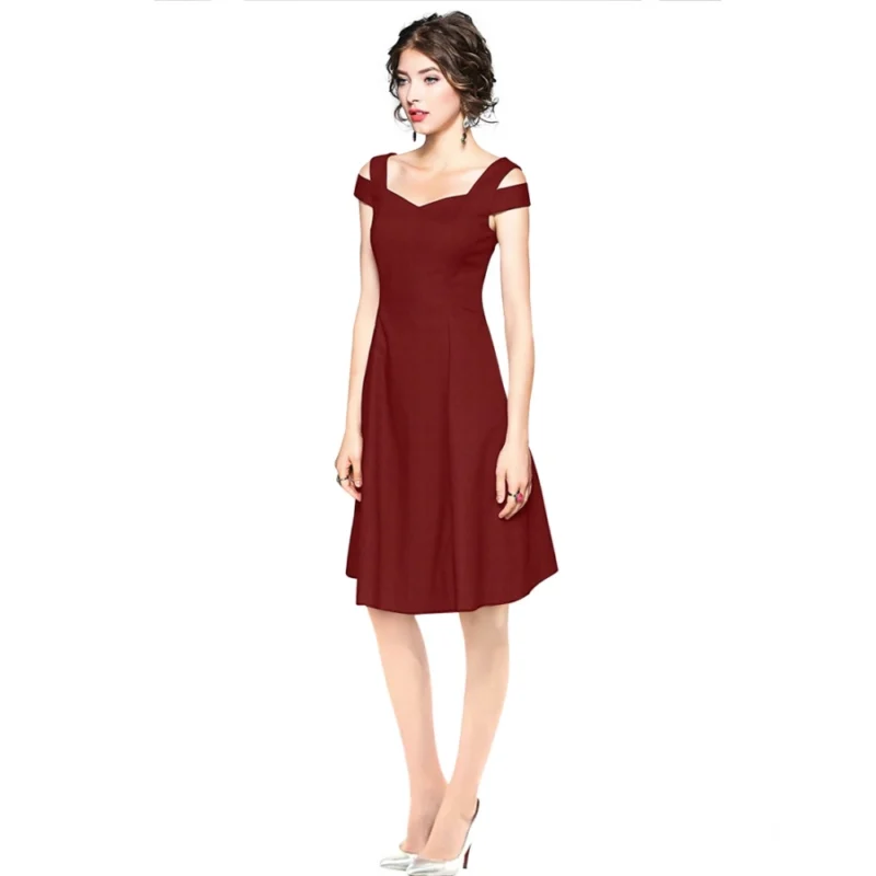Alternative view of Women's Polyester Solid V Neck Cap Sleeve off Shoulder Dress (Maroon)