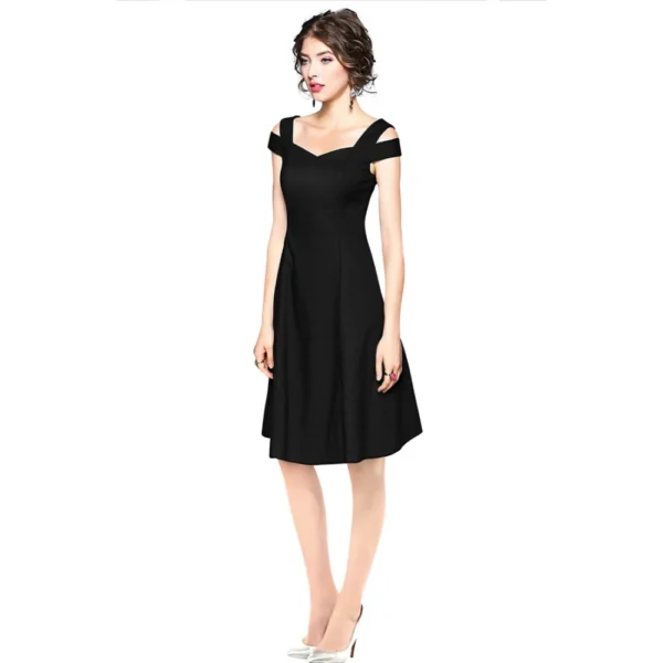 Generic Women's Polyester Solid V Neck Cap Sleeve off Shoulder Dress (Black) - Image 2