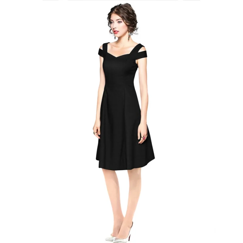 Alternative view of Women's Polyester Solid V Neck Cap Sleeve off Shoulder Dress (Black)