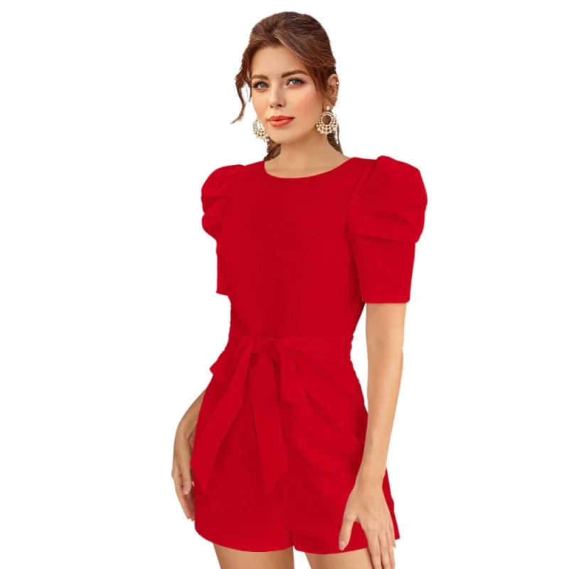 Alternative view of Women's Knitting stretchable Solid Round Neck 3-4 Puff Sleeve Dress (Red )