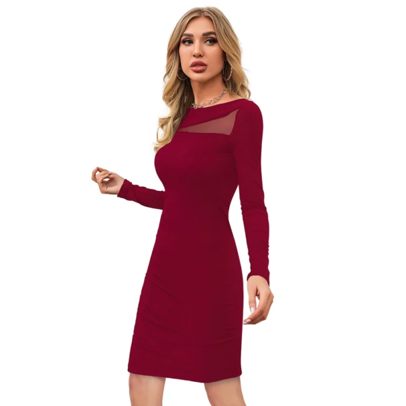 Alternative view of Women's Knitting stretchable Solid Round Neck Full Sleeve Dress (Maroon)