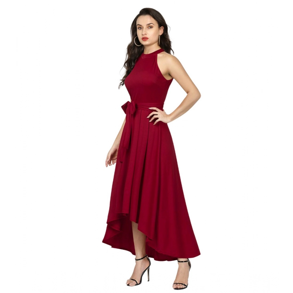 Women's Polyster Solid Halter Neck Sleeveless Dress (Maroon) - Image 4