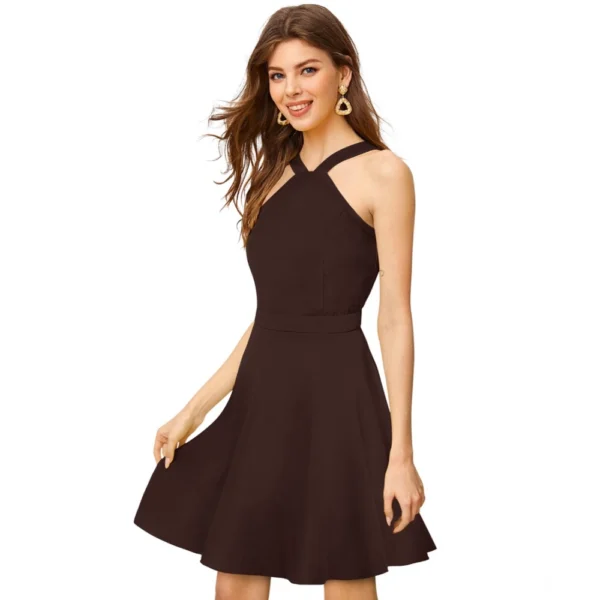 Generic Women's Knitting stretchable Solid Halter Neck Sleeveless Dress (Coffee) - Image 4