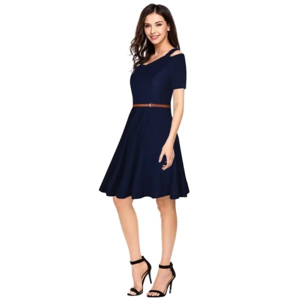 Generic Women's Polyester Solid V Neck Cap Sleeve Dress (Blue) - Image 2