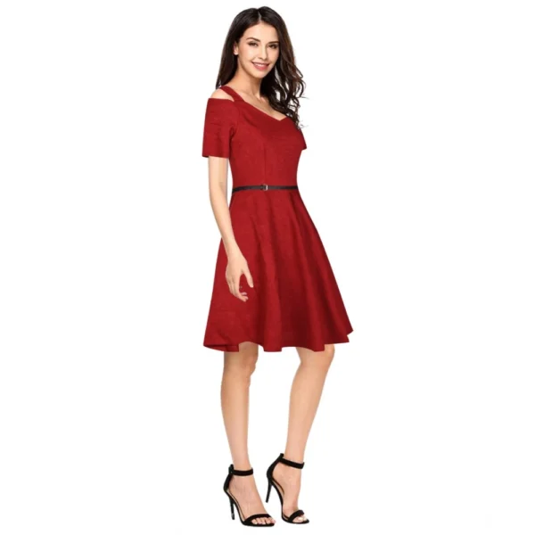 Generic Women's Polyester Solid V Neck Cap Sleeve Dress (Maroon) - Image 4