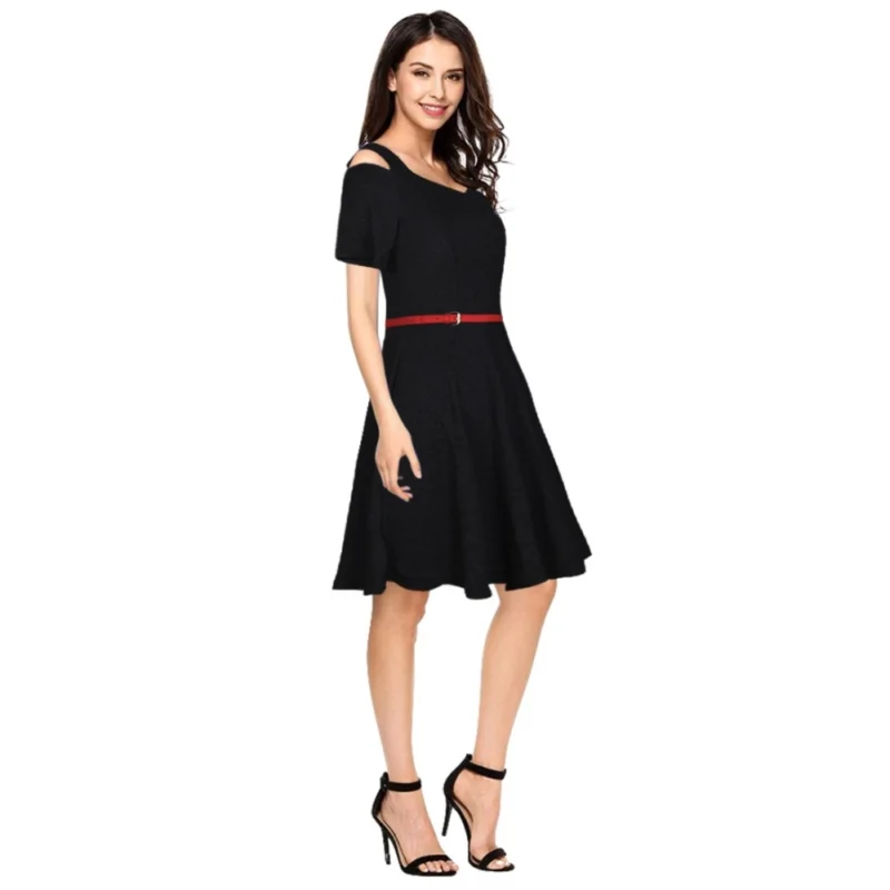 Alternative view of Women's Polyester Solid V Neck Cap Sleeve Dress (Black)