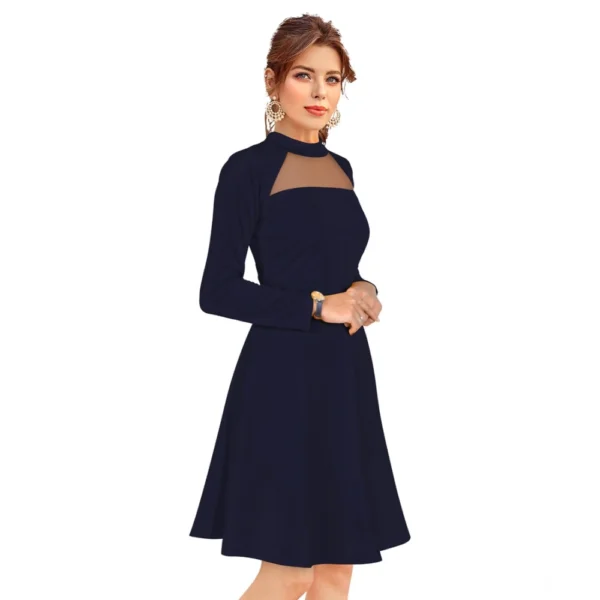 Generic Women's Knitting stretchable Solid Round Neck Full Sleeve Dress (Blue) - Image 4