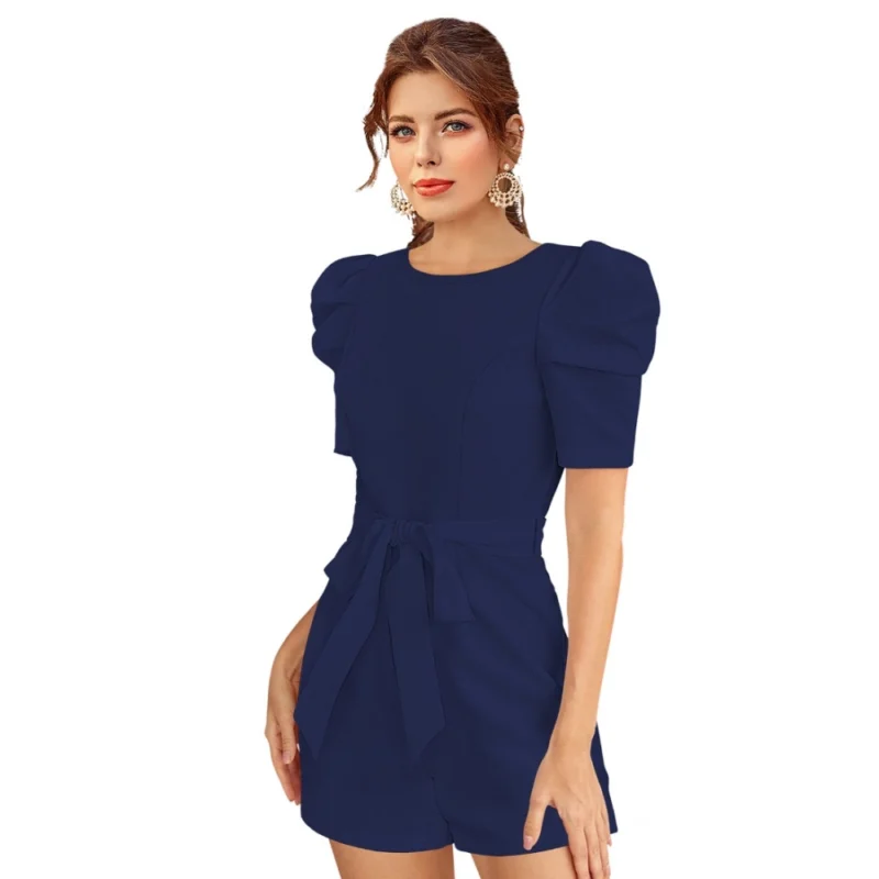 Alternative view of Women's Knitting stretchable Solid Round Neck 3-4 Puff Sleeve Dress (Blue)