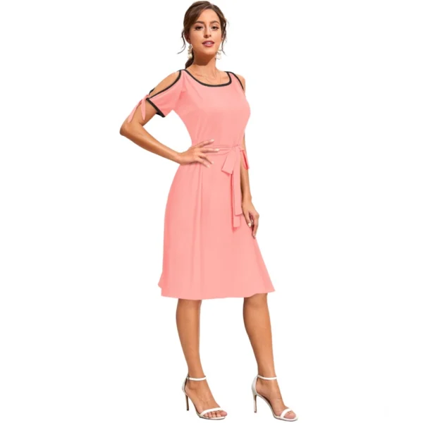 Generic Women's Knitting stretchable Solid Round Neck Sleeveless Dress (Peach) - Image 4