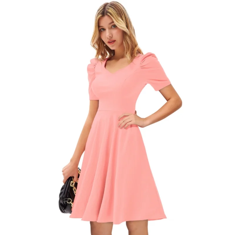 Alternative view of Women's Knitting stretchable Solid V Neck Cap Sleeve Dress (Peach)