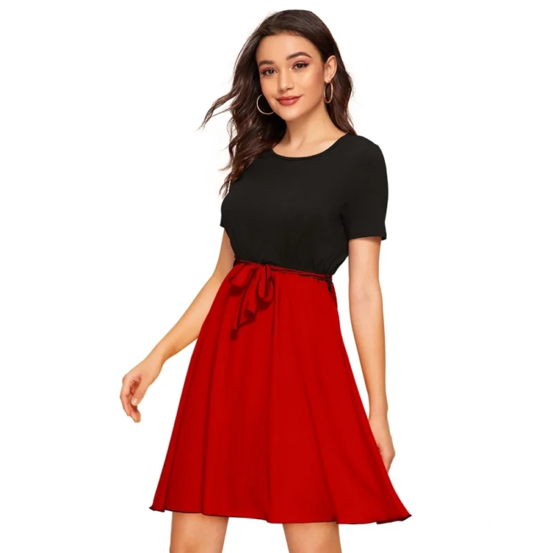 Alternative view of Women's Knitting stretchable Solid Round Neck Cap Sleeve Dress (Red)