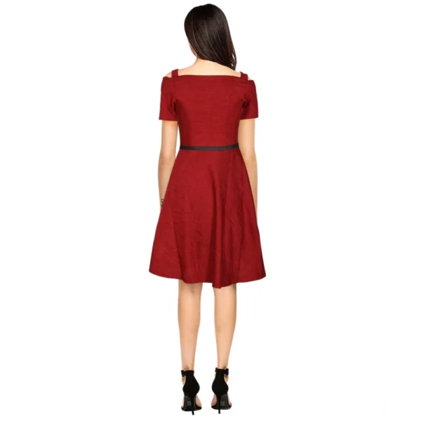 Generic Women's Polyester Solid V Neck Cap Sleeve Dress (Maroon) - Image 5