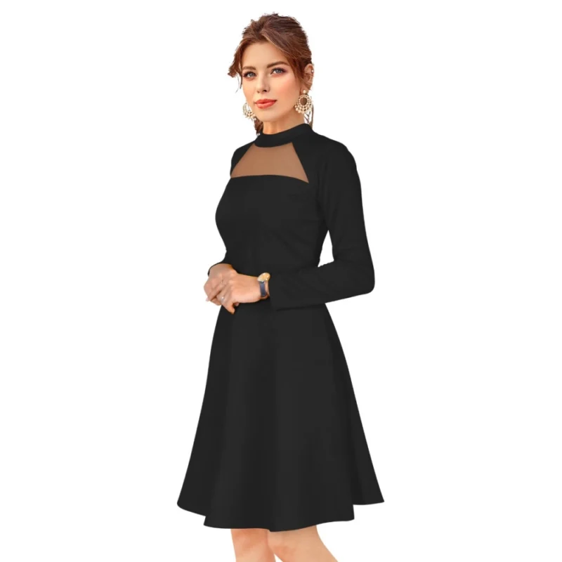 Alternative view of Women's Knitting stretchable Solid Round Neck Full Sleeve Dress (Black)