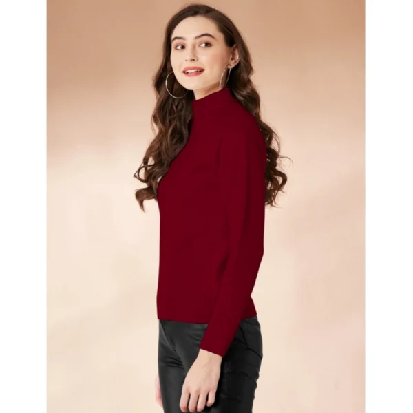 Generic Women's Polyester Solid High Neck Full Sleeve T-Shirt (Maroon) - Image 4