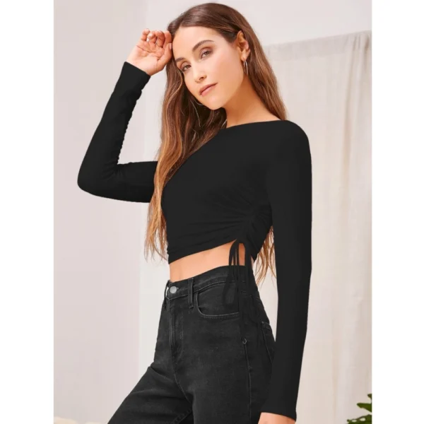 Women's Polyester Solid Round Neck Full Sleeve Top (Black)