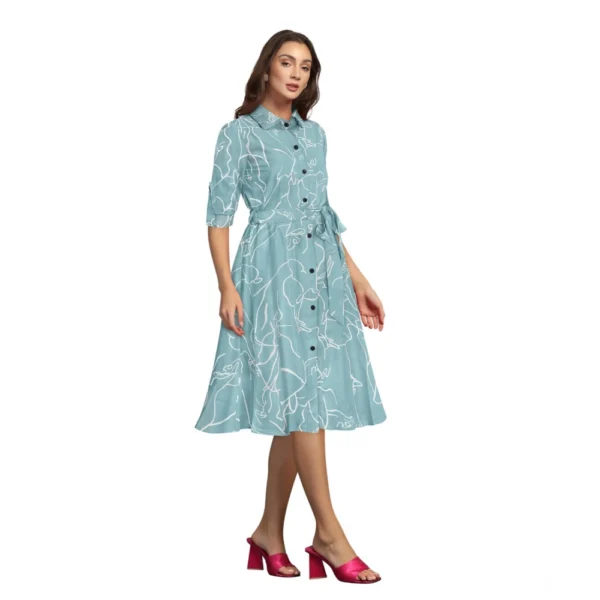 Women's Ruby Cotton Printed Shirt Collar 3-4th Sleeve Dress (Pista) - Image 4