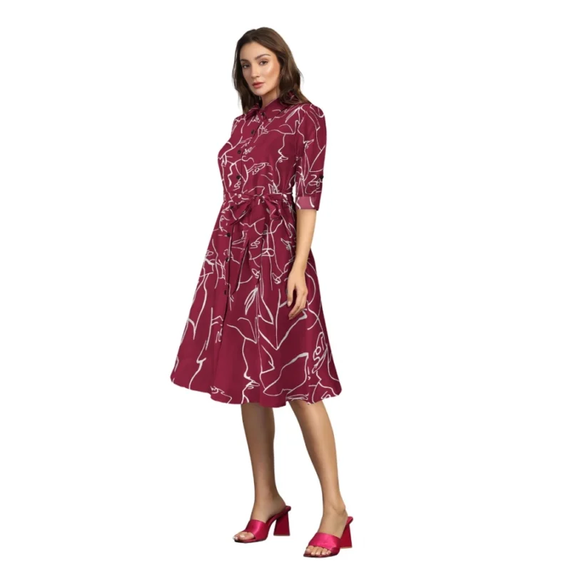 Alternative view of Women's Ruby Cotton Printed Shirt Collar 3-4th Sleeve Dress (Maroon)