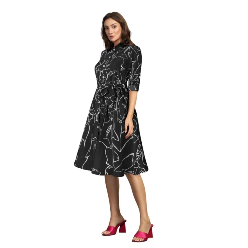 Alternative view of Women's Ruby Cotton Printed Shirt Collar 3-4th Sleeve Dress (Black)