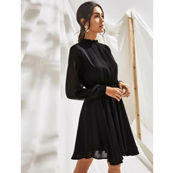 Generic Women's Fox Georgette Solid High Neck Full Sleeve Dress (Black) - Image 2
