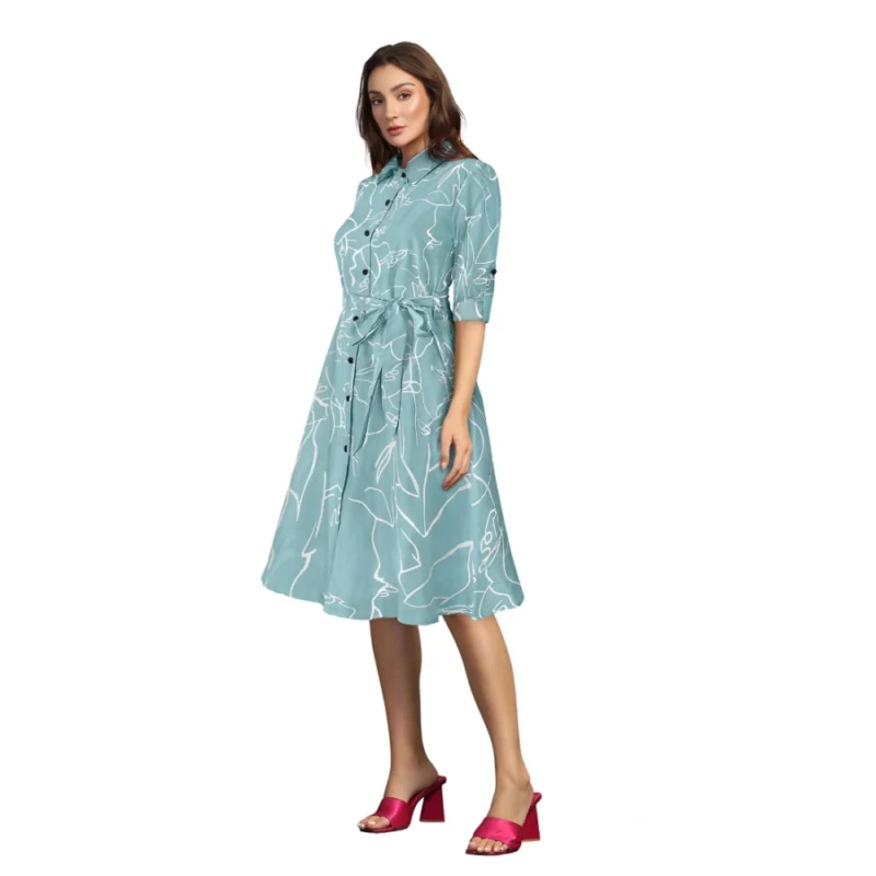 Alternative view of Women's Ruby Cotton Printed Shirt Collar 3-4th Sleeve Dress (Pista)