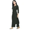 Generic Women's Cotton Embroidery 3-4th Sleeve Calf Length Kurti with Pant Set (Black)