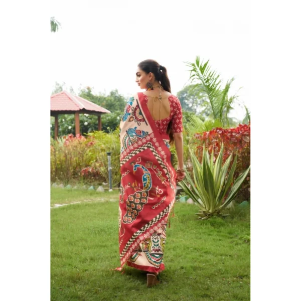 Women's Tussar Silk Printed Saree With Unstitched Blouse (Maroon, 5.5 Mtr) - Image 3