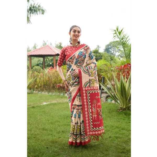 Women's Tussar Silk Printed Saree With Unstitched Blouse (Maroon, 5.5 Mtr) - Image 2