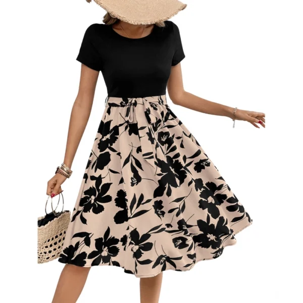 Generic Women's Knitting Printed Round Neck Short Sleeve Dress (Cream) - Image 3