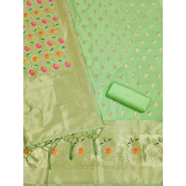 Women's Banarasi Silk Printed Unstitched Salwar Suit Material With Dupatta (Pista, 3Mtrs) - Image 2