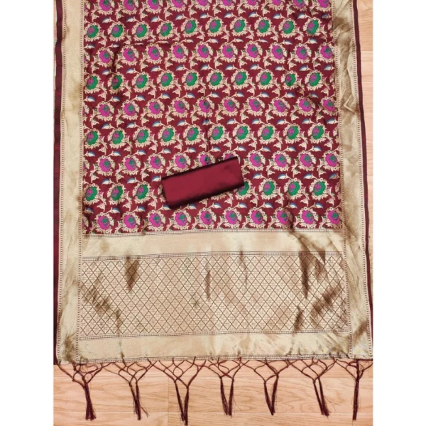 Generic Women's Banarasi Silk Printed Unstitched Salwar Suit Material With Dupatta (Maroon, 3Mtrs) - Image 2