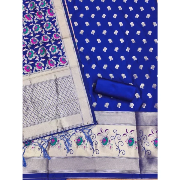 Generic Women's Banarasi Silk Printed Unstitched Salwar Suit Material With Dupatta (Rblue, 3Mtrs) - Image 3