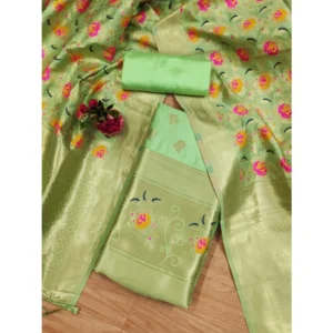 Women's Banarasi Silk Printed Unstitched Salwar Suit Material With Dupatta (Pista, 3Mtrs)