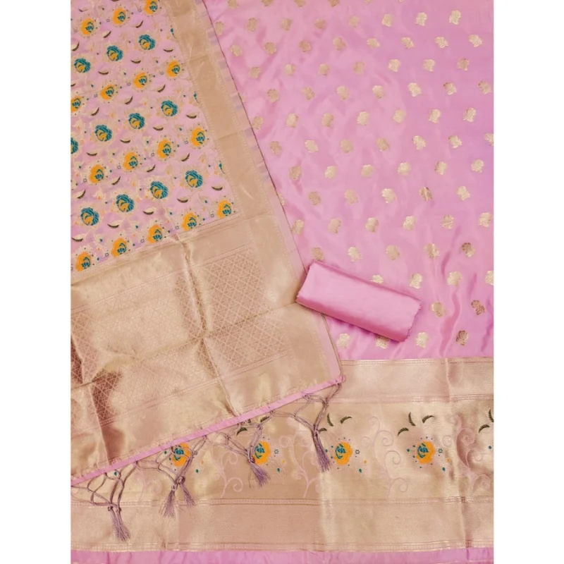 Women's Banarasi Silk Printed Unstitched Salwar Suit Material With Dupatta (Pink, 3Mtrs) - Image 4
