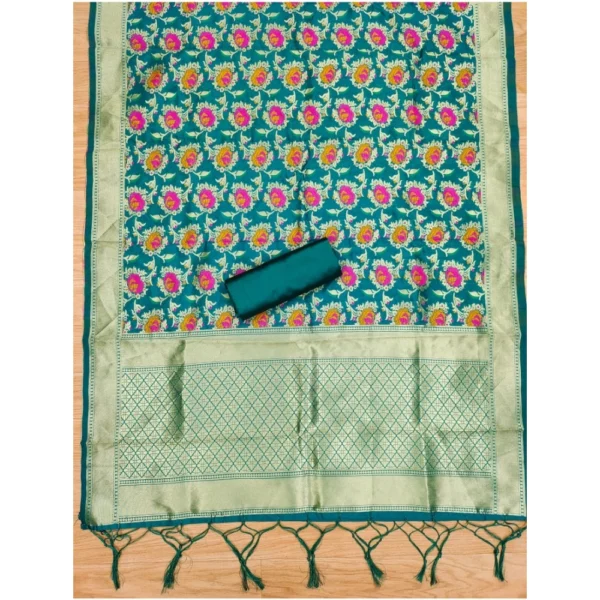 Generic Women's Banarasi Silk Printed Unstitched Salwar Suit Material With Dupatta (Rama, 3Mtrs) - Image 3