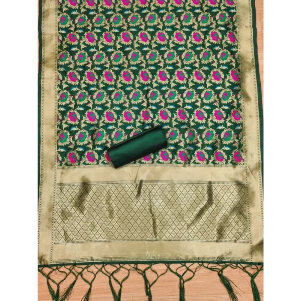 Generic Women's Banarasi Silk Printed Unstitched Salwar Suit Material With Dupatta (Green, 3Mtrs) - Image 3