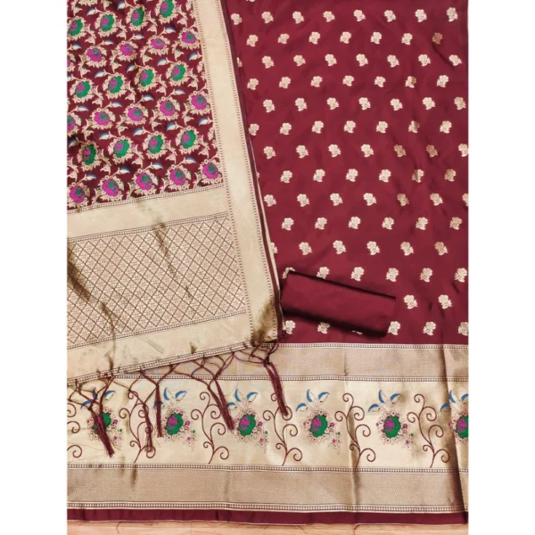 Generic Women's Banarasi Silk Printed Unstitched Salwar Suit Material With Dupatta (Maroon, 3Mtrs) - Image 3