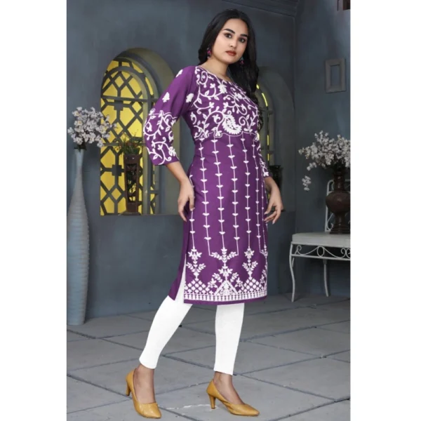 Generic Women's Rayon Printed Round Neck 3-4th Sleeve Kurti (Purple) - Image 3